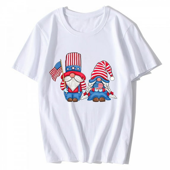 T-shirt for Women and Men Patriotic Gnome 4th of July Love USA American Flag Casual Summer Short Sleeve Top White Large