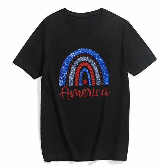 T-shirt for Women and Men Rainbow American Flag Patriotic Shirt 4th of July Memorial Day Casual Summer Short Sleeve Top Black X-Large