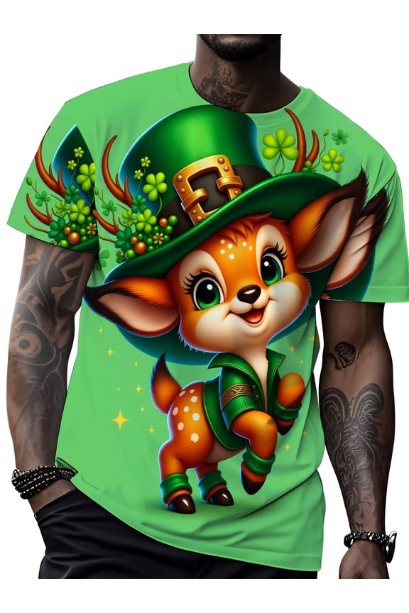 The same T-shirt for men and women - green Irish style lucky clover pattern top, suitable for Irish parties, parades and casual summer wear for daily wear - machine washable comfortable round neck