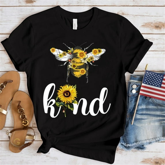 T-shirts For Women Summer Tee Shirt Female Cute Bee Sunflower Kind Casual Short Sleeve Round Neck Tops T-shirts