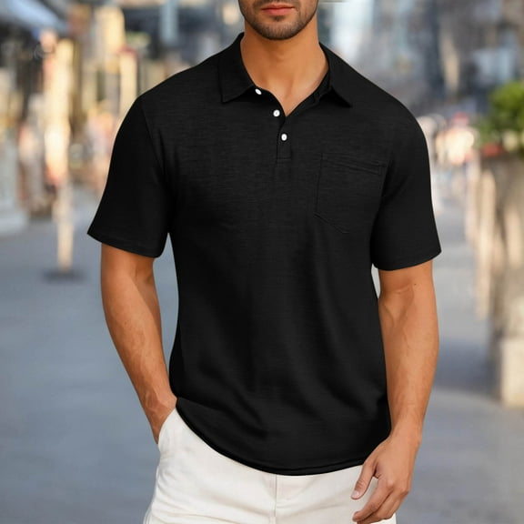 T-shirts for Men Plus Size under $5 Short Sleeve Crew Neck Pocket Turndown Collar Cotton T-Shirts Casual Basic Tshirts Tee Shirts Blouse Shirt Black XL