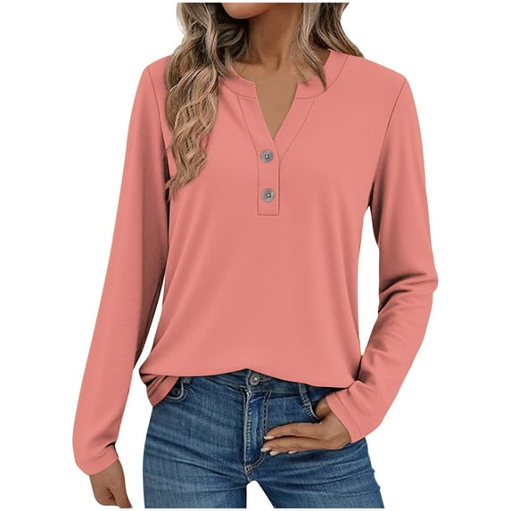 T-shirts for Women Solid Color V Neck Long Sleeve Button Henley Shirt Tunic Tops Fall Winter Casual Loose Blouses Comfortable Lightweight Fashion Cotton Tees Size S-3XL