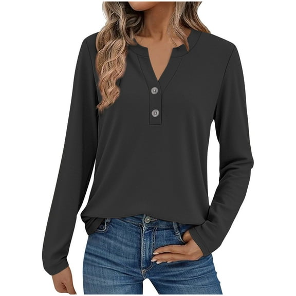 T-shirts for Women Solid Color V Neck Long Sleeve Button Henley Shirt Tunic Tops Fall Winter Casual Loose Blouses Comfortable Lightweight Fashion Cotton Tees Size S-3XL