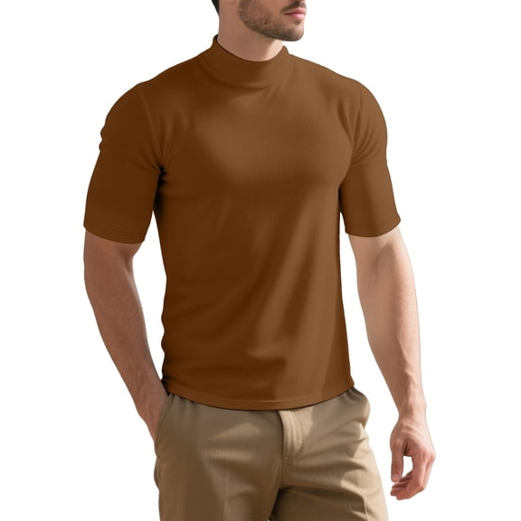 T-shirts for Man Plus Size Solid Color Semi High Neck Pullover Short Sleeve Tunic Slimming Casual Office Buiness Shirt Coffee S-3XL