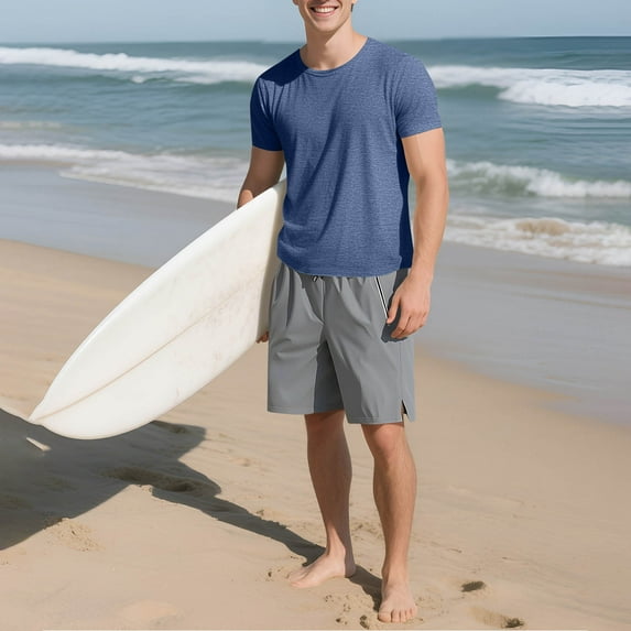 T-shirts for Men Fitness Breathable T-shirt Casual Solid Color Long Sleeve Round Collar Blouse Light Blue XXL Mens Tops