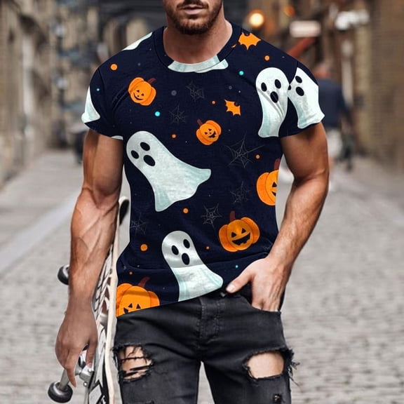 T-shirts for Men Halloween Ghost Pumpkin T-shirt Short Sleeved Printed Round Neck Blouses Dark Blue XL Mens Tops