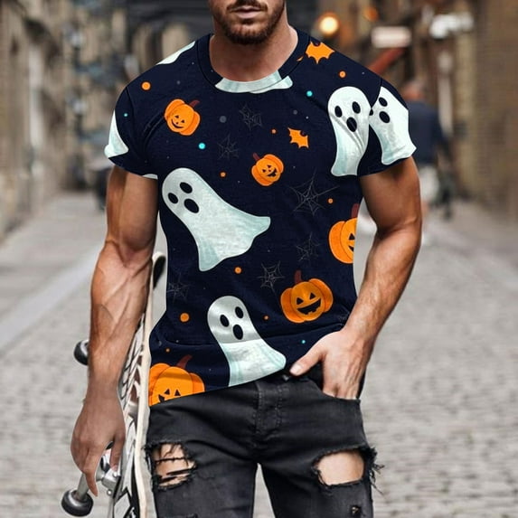 T-shirts for Men Halloween Ghost Pumpkin T-shirt Short Sleeved Printed Round Neck Blouses Dark Blue XL Mens Tops
