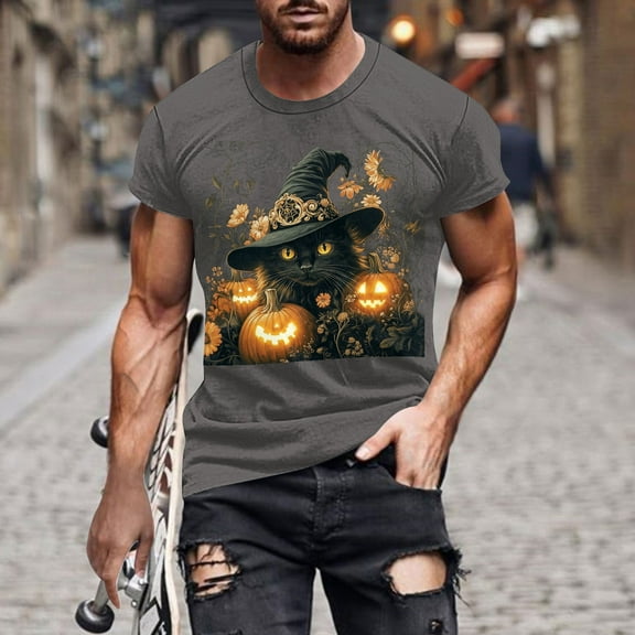 T-shirts for Men Halloween Ghost Pumpkin T-shirt Short Sleeved Printed Round Neck Blouses Dark Gray XXXL Mens Tops