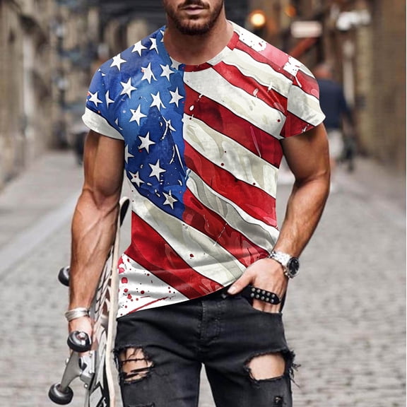 T-shirts for Men Independence Day Shirts Printed Round Neck Short Sleeved Blouses Blue XXXXL Mens Tops