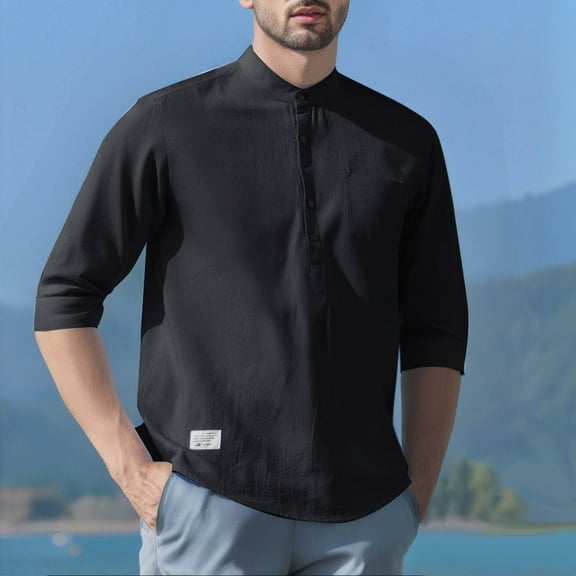 T-shirts for Men Plus Size under $5 3/4 Sleeve Stand-Up Collar Button Solid Color Casual Blouse Black L
