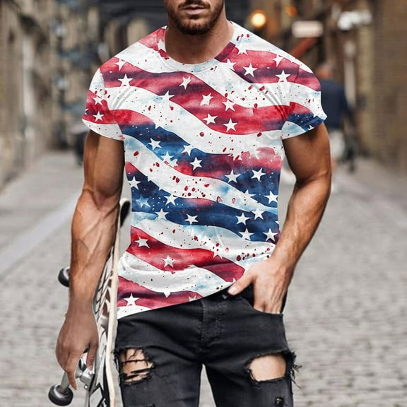 T-shirts for Men Plus Size under $5 Independence Day Printing Short Sleeve Round Neck Pullover T-Shirt for Men Blue XL