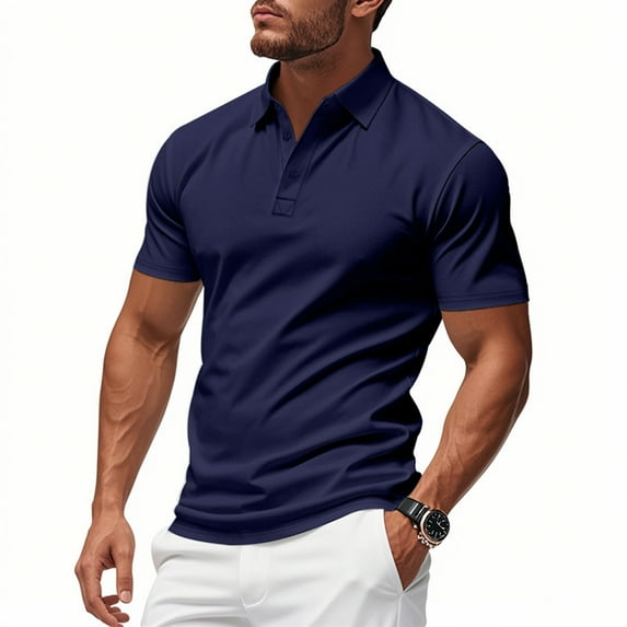 T-shirts for Men Plus Size under $5 Short Sleeve Button Lapel Golf Ball Uniform Casual Polo T-Shirt Summer Collared Golf Shirt Navy L