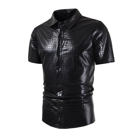 T-shirts for Men Plus Size under $5 Short Sleeve Button Sequin Turndown Collar Nightclub Casual Top Black L