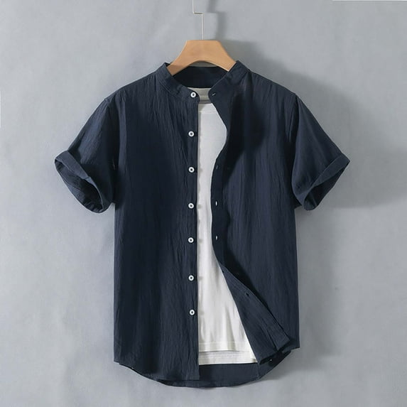 T-shirts for Men Plus Size under $5 Short Sleeve Cotton Linen Stand Collar Button Down Shirts Blouse Jacket Dark Blue L