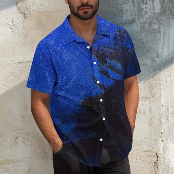T-shirts for Men Plus Size under $5 Short Sleeve Gradient Button Turndown Collar Printing Casual Shirt Blouse Blue L