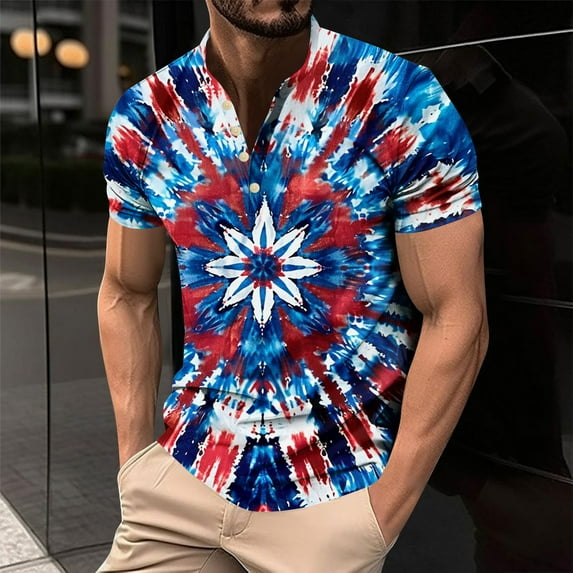 T-shirts for Men Plus Size under $5 Short Sleeve Independence Day Printing Button Round-Neck Casual Blouses ^Multicolor L