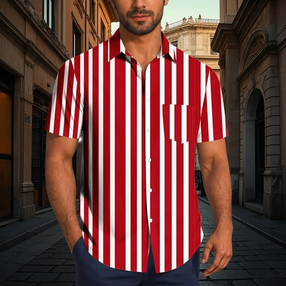 T-shirts for Men Plus Size under $5 Short Sleeve Lapel Button Stripe Color Block Printing Casual Turndown Collar Shirt Blouse *Red L