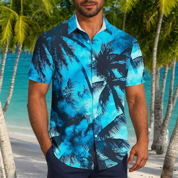 T-shirts for Men Plus Size under $5 Short Sleeve Lapel Printed Pocket Button Hawaiian Shirt Casual Blouse Blue XXXL