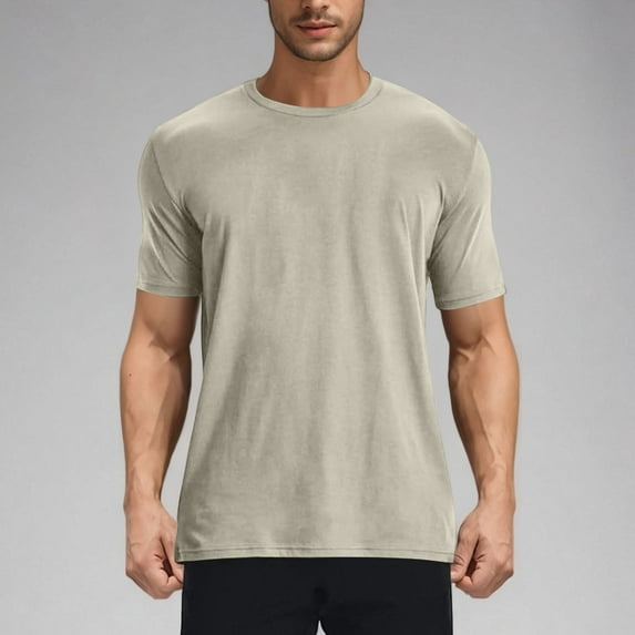 T-shirts for Men Plus Size under $5 Short Sleeve Round Neck Elastic Solid Color Casual Sports Pullover Top Khaki XXXL