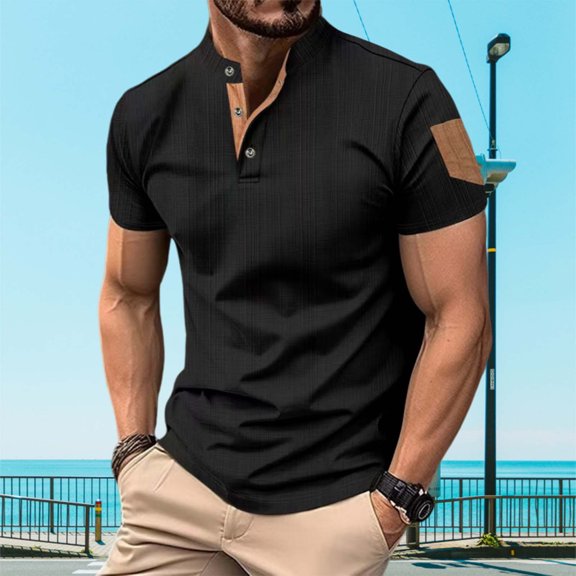 T-shirts for Men Plus Size under $5 Short Sleeve Stand-up Collar Pocket Button Solid Color Polo T Shirt Classic Casual Golf Collar Tee Black L