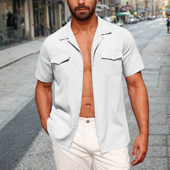 T-shirts for Men Plus Size under $5 Short Sleeve Stripe Lapel Casual Summer Shirts Button Up Shirt White L