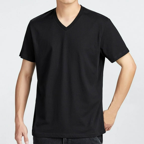 T-shirts for Men Plus Size under $5 Short Sleeve V-Neck Solid Regular Pullover Casual T-Shirt Black L