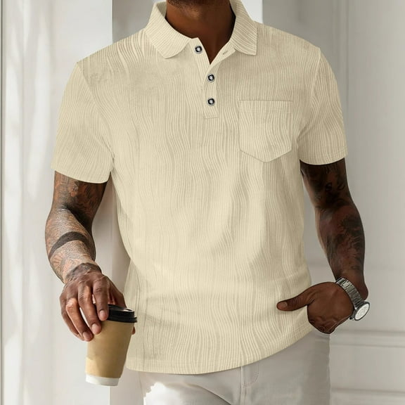 T-shirts for Men Plus Size under $5 Short Sleeved Lapel Button Pocket Casual Solid Color Summer Shirt Beige L