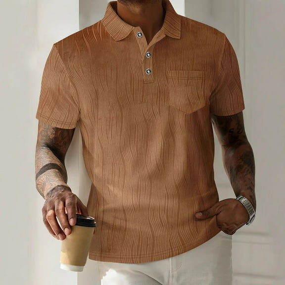 T-shirts for Men Plus Size under $5 Short Sleeved Lapel Button Pocket Casual Solid Color Summer Shirt Brown L