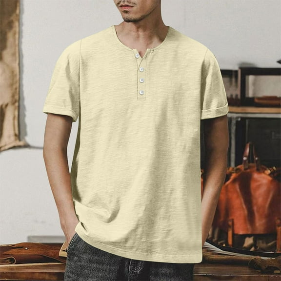 Mens Shirts Plus Size under $5 Short Sleeved Round Neck Button Solid Color Hem Slit Top Beige XXL