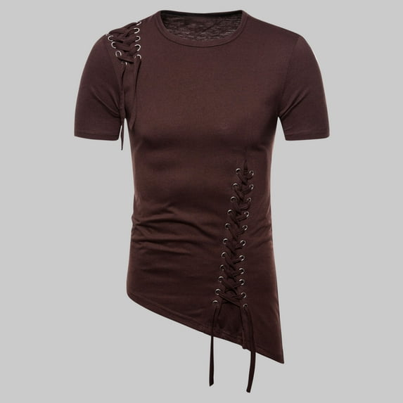 T-shirts for Men Plus Size under $5 Short Sleeved Round Neck Hooded Summer Casual Solid Color Breathable Blouses Coffee L