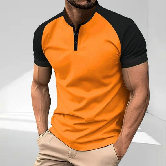T-shirts for Men Plus Size under $5 Short Sleeved V-neck Color Blocked Button Summer Casual Fitness Sports T Shirt Orange L