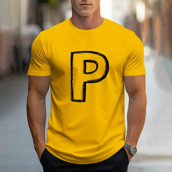 T-shirts for Men Print Short Sleeve T-shirt Round-Neck Casual Sports T-shirt Blouses Yellow L Mens Tops
