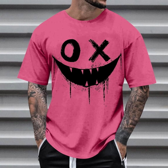 T-shirts for Men Printed Short Sleeve Casual Round Neck T-shirt Top Hot Pink XXL Mens Tops