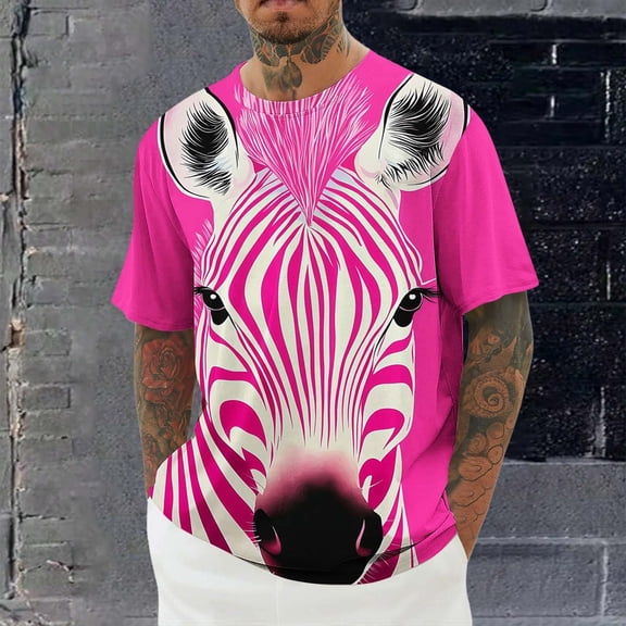 T-shirts for Men Printing Blouses Short Sleeve Round Neck Casual Round-Neck Shirts Hot Pink XXXXL Mens Tops