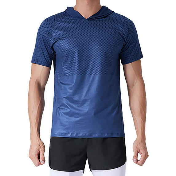T-shirts for Men Short Sleeve Hooded Shirts Casual Sport Solid Color Elasticity Breathable Blouse Dark Blue XL Mens Tops