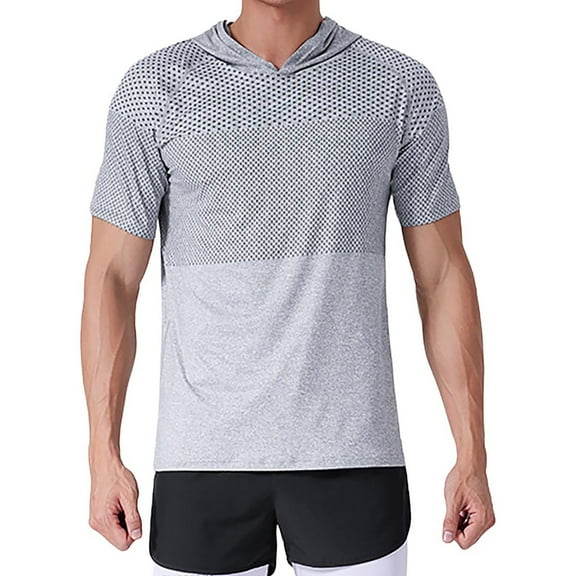 T-shirts for Men Short Sleeve Hooded Shirts Casual Sport Solid Color Elasticity Breathable Blouse Gray XL Mens Tops