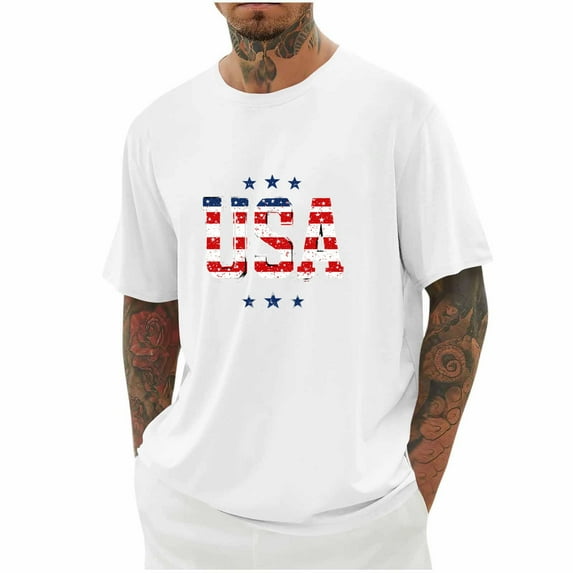 T-shirts for Men Short Sleeve Independence Day Round-Neck Print Casual Blouses White XXL