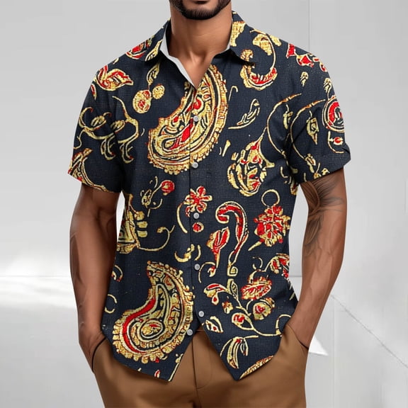 T-shirts for Men Short Sleeve Lapel Button Up Casual Bowling Summer Shirt Black XXL