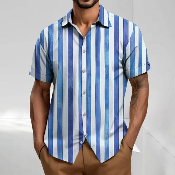 T-shirts for Men Short Sleeve Stripe Turdown Collar Button Up Casual Summer Shirt Blue XXL