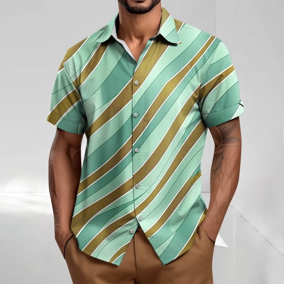 T-shirts for Men Short Sleeve Stripe Turdown Collar Button Up Casual Summer Shirt Green XXL