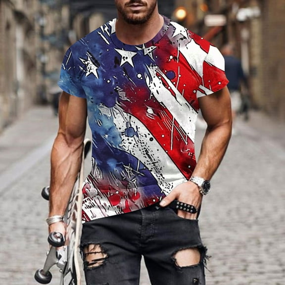 T-shirts for Men Short Sleeved Independence Day Printed Round Neck Blouses Red XXL