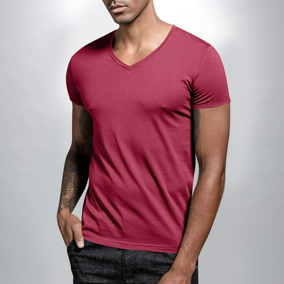 T-shirts for Men Short Sleeved Shirts V-neck Casual Solid Color Shirt Wine XXXXL Mens Tops