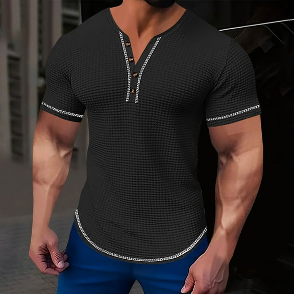 T-shirts for Men Short Sleeved V-neck Pocket Summer Casual Solid Color Shirt Black XXL