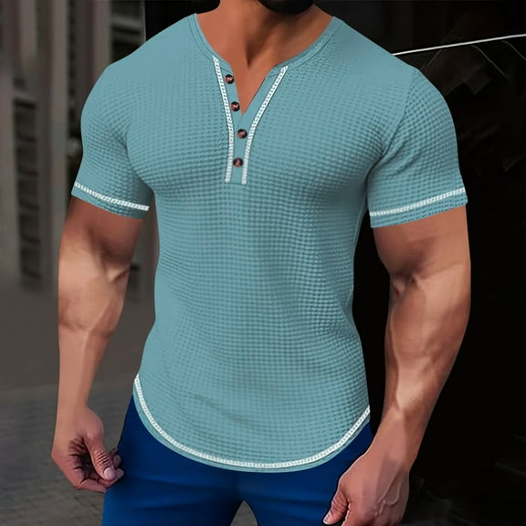T-shirts for Men Short Sleeved V-neck Pocket Summer Casual Solid Color Shirt Light Blue XXL