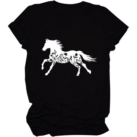 T-shirts for Women, Floral Horse Graphic Print Crewneck Tee Tops Casual Loose Tops Farm Lover Gift Shirts