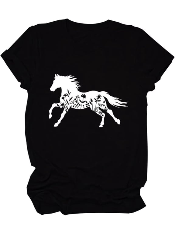 T-shirts for Women, Floral Horse Graphic Print Crewneck Tee Tops Casual Loose Tops Farm Lover Gift Shirts