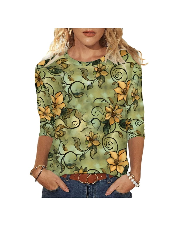 T-shirts for Women Graphic Print 3/4 Length Sleeve Tops Crewneck Casual Base Tee Shirt Summer Clothes (XL, Yellow 01)