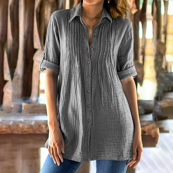T-shirts for Women Plus Size 3/4 Sleeve Buttons Turdown Collar Pleats Summer Solid Shirts Gray M