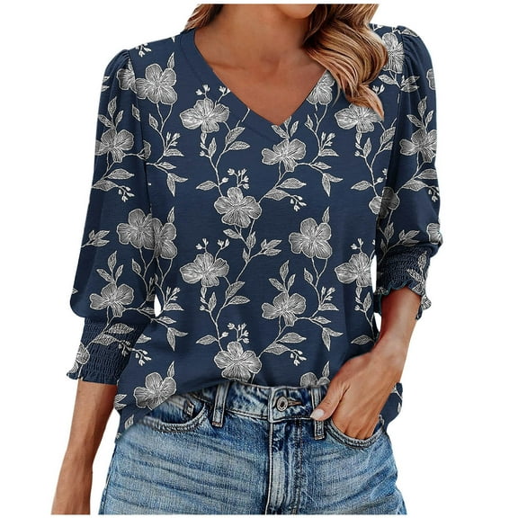 T-shirts for Women Plus Size 3/4 Sleeve V-Neck Printed Casual Blouses Shirts Blue M