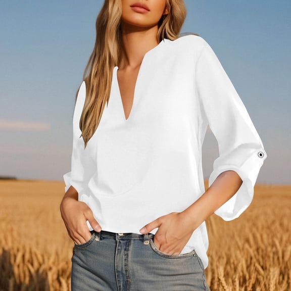 T-shirts for Women Plus Size 3/4 Sleeve V-neck Shirt Cuffs Solid Color Casual Loose Shirt White M